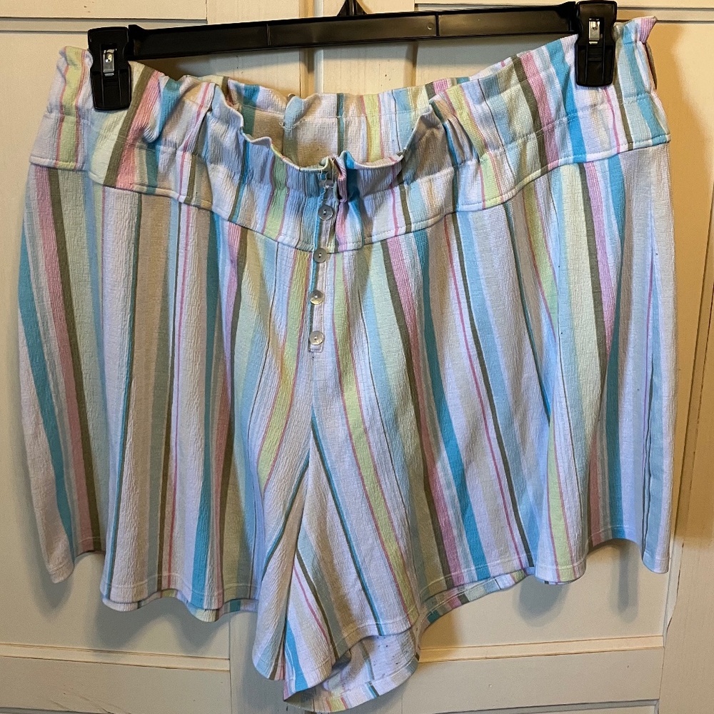 Multicolor pastel stripe “paper bag” waist shorts with button detail and pockets